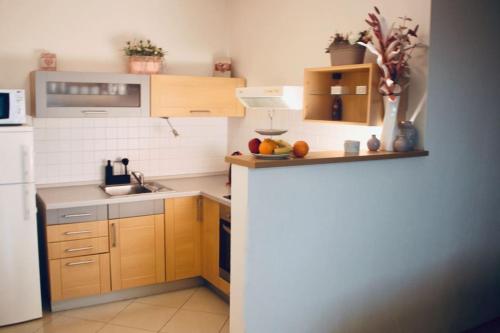 a small kitchen with wooden cabinets and a white refrigerator at JASMINE APARTMENT - FREE PARKING - CITY CENTER - SKIBUS - TATRALANDIA 5km in Liptovský Mikuláš