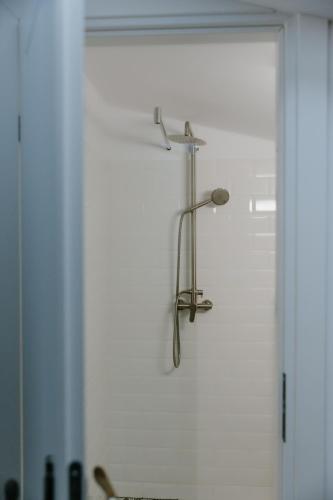 a shower in a bathroom with a white wall at La Fontaine in Hunedoara