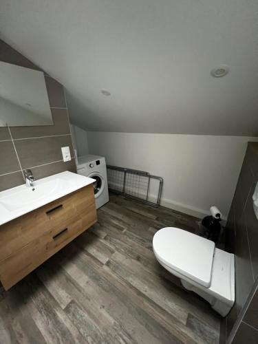 a bathroom with a white toilet and a sink at Loft in Gugnécourt