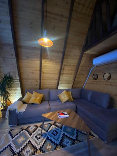 a living room with a blue couch and a table at Agora Farmhouse in Koman