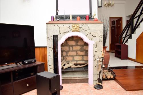 a living room with a fireplace and a tv at Hill Crest Holiday Bungalow in Diyatalawa