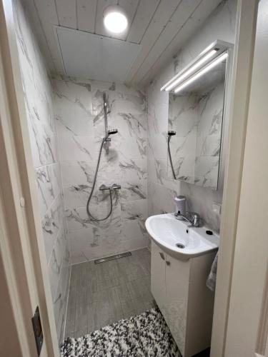 a white bathroom with a shower and a sink at Karlova Manor Apartments in Tartu
