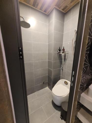 a bathroom with a toilet and a shower at Lightning House in Da Lat
