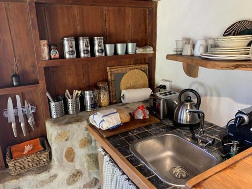 a kitchen with a sink and a counter top at Exclusive Beachfront Eco studio in Hermitage