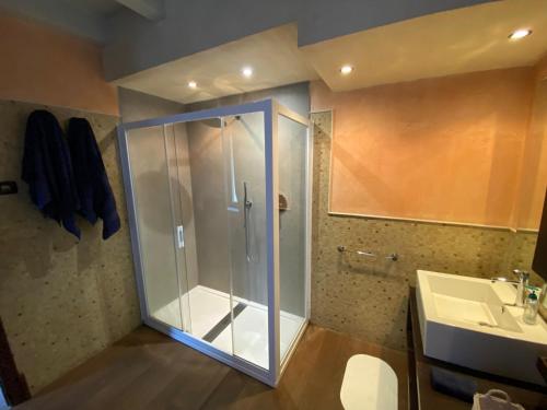 a bathroom with a glass shower and a sink at Bellavista in Feriolo in Baveno