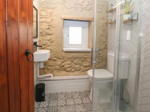 a bathroom with a toilet and a sink and a window at 1 Dinas cottages in Caernarfon