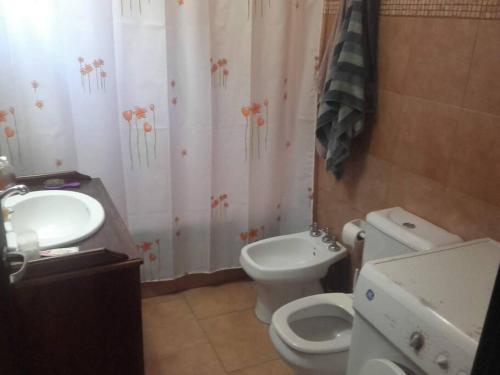 La salle de bains est pourvue de toilettes blanches et d'un lavabo. dans l'établissement Cabaña Quela, à San Martín de los Andes