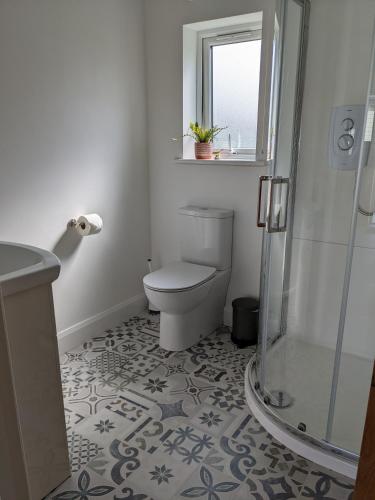a bathroom with a toilet and a shower at Woodland Lodge in Lisnaskea