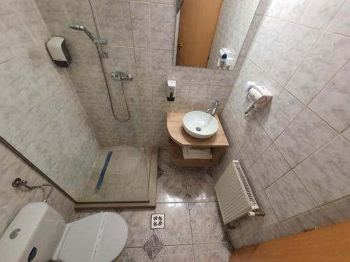 托普利察的住宿－穆列什酒店，浴室配有卫生间、盥洗盆和淋浴。
