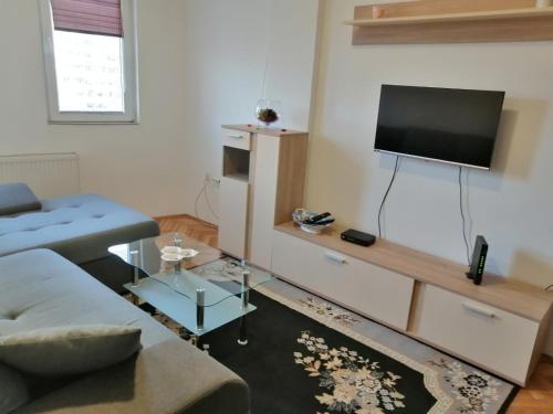 a living room with a couch and a flat screen tv at Dunja - Sajam in Novi Sad