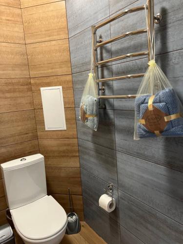 un bagno con servizi igienici e alcune borse appese al muro di ГОТЕЛЬ RIDMAS a Bila Cerkva