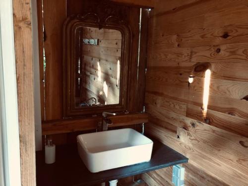La salle de bains est pourvue d'un lavabo blanc et d'un mur en bois. dans l'établissement Les Cabanes du Vigné, à Molandier