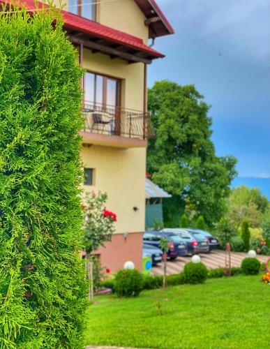 a building with a large bush next to a parking lot at Pensiunea Cristiion in Măţău