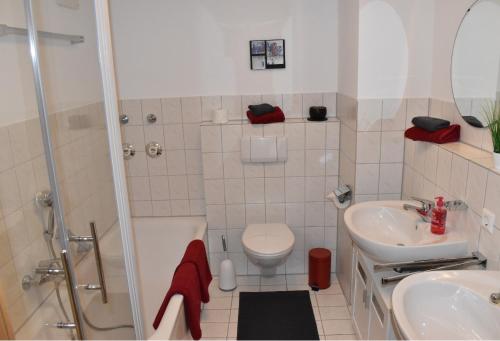 uma casa de banho com um WC, um lavatório e um chuveiro em Fewo Resaleen em Öhningen