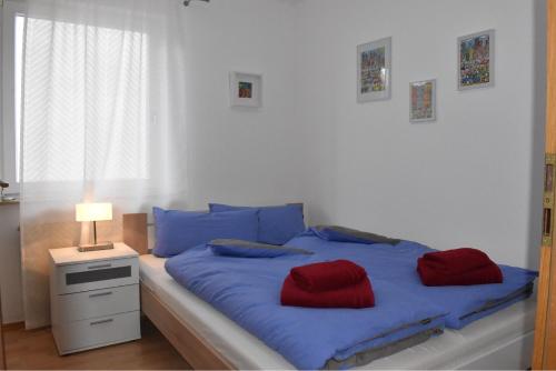 um quarto com uma cama com duas almofadas vermelhas em Fewo Resaleen em Öhningen