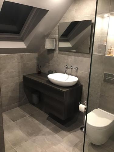 a bathroom with a sink and a toilet at Redstone Rise Luxury house sleeps 7 in Birkenhead