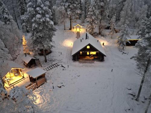 une vue aérienne sur une cabine dans la neige dans l'établissement Holiday Home Vanttausranta by Interhome, à Oikarainen