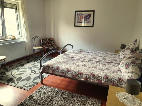 ein Schlafzimmer mit einem Bett, einem Stuhl und einem Fenster in der Unterkunft Ferienwohnung am Rauenhübel in Völklingen