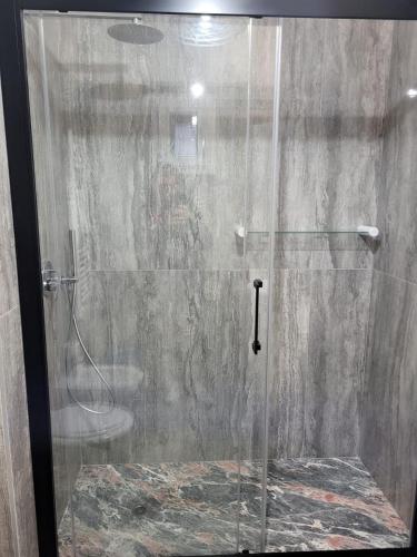 a glass shower with a toilet in a bathroom at Dimore Pietrapenta Apartments, Suites & Rooms - Via Lucana 223, Via Piave 23, Via Chiancalata 16, Vico Fornaci 9 in Matera