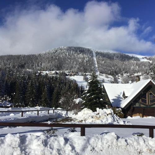 a snow covered cabin with a mountain in the background at Ski apartmány Spiežovec Donovaly in Donovaly