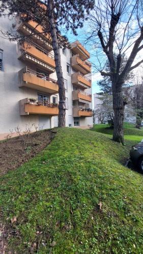 um edifício numa colina com duas árvores à frente em Chez mimi em Toulouse