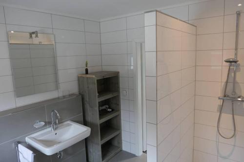 ein Bad mit einem Waschbecken und einer Dusche mit einem Spiegel in der Unterkunft Alte Bäckerei Hamswehrum in Krummhörn