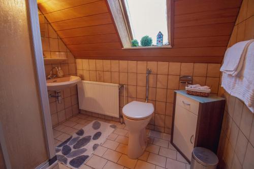 a small bathroom with a toilet and a sink at Zur alten Mühle in Krummhörn