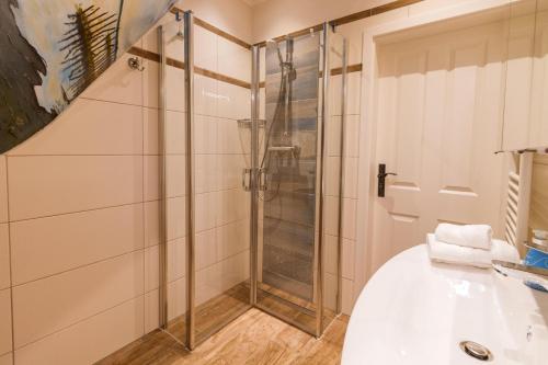 a bathroom with a shower and a white sink at Up Besöök - Wildrose mit Sauna in Krummhörn