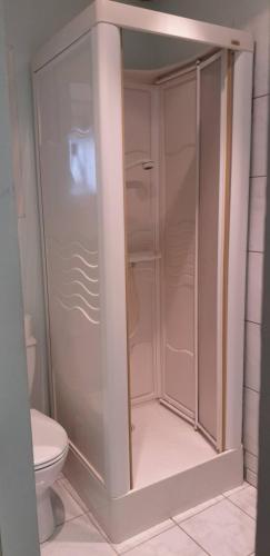 een douchecabine in een badkamer met een toilet bij ferme équestre des abrons in Pailloles