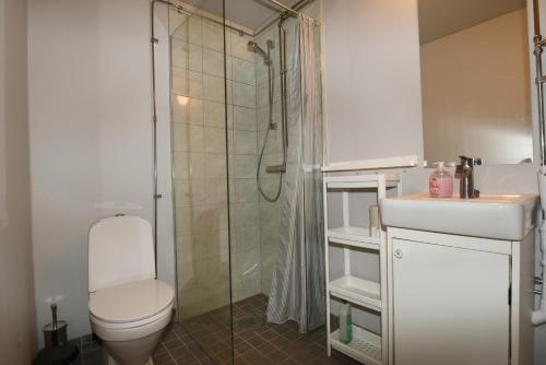 y baño con ducha, aseo y lavamanos. en Holiday house in Ljungskile, en Ljungskile