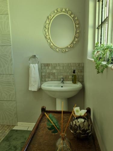 a bathroom with a sink and a mirror at Silo Cottage in Underberg