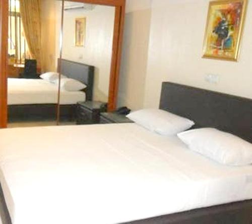 a bedroom with a white bed and a mirror at Appartement spacieux à Kinshasa avec balconELv in Kinshasa