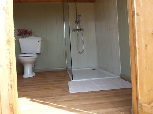 a bathroom with a toilet and a glass shower at 'Oak' Yurt in West Sussex countryside in Fernhurst