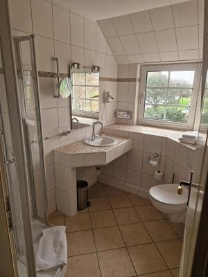 a bathroom with a sink and a toilet and a window at Inselhotel Kapitän Tadsen / Amrum in Nebel