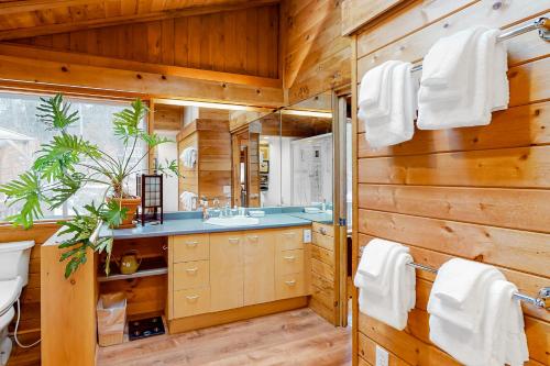 y baño con paneles de madera, lavabo y espejo. en Newfane Hill Retreat, en Newfane