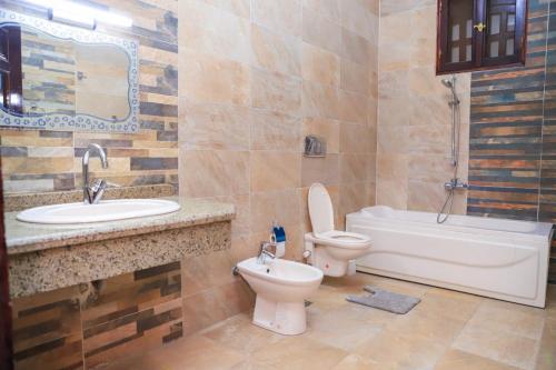 a bathroom with a toilet and a sink and a tub at Tomorrow Land villa in Luxor