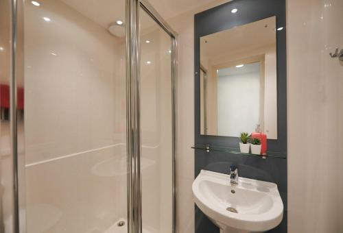 a bathroom with a shower and a sink at Chic Apartments and Private Bedrooms at Beckett House near Dublin City Centre in Dublin