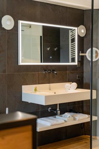 a bathroom with a sink and a mirror at Domaine Des Hautes Fagnes in Ovifat