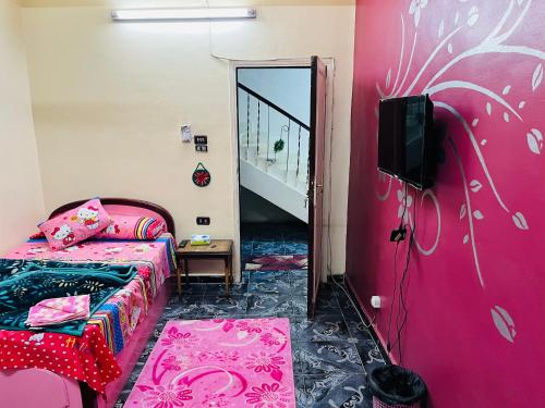 Habitación con cama, TV y paredes de color rosa. en Napata Guest House en Asuán