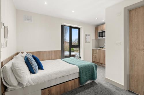 a bedroom with white walls and a bed with blue pillows at Stylish Studio Apartment with Free Parking in Wolverhampton 5min walk to City Centre in Wolverhampton
