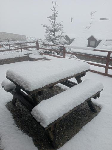 two picnic tables covered in snow in a yard at Apartamento con terraza y vistas panorámicas en Taüll con plaza de parking in Taull