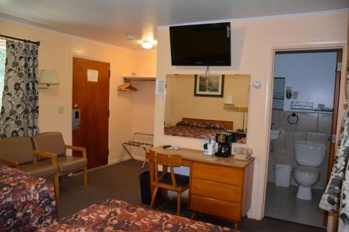 Una habitación de hotel con una cama y un escritorio en una habitación en The Village Motel, en Richfield Springs