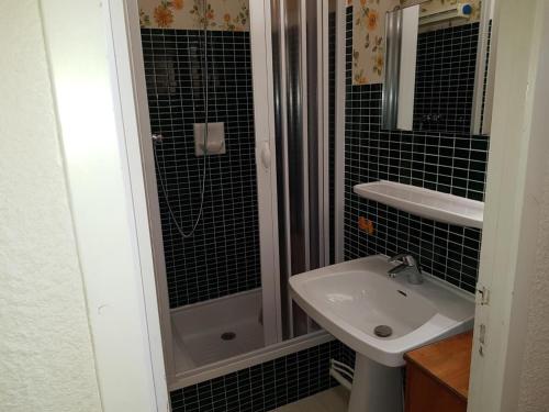 La salle de bains est pourvue de carrelage noir, d'un lavabo et d'une douche. dans l'établissement Studio cabine 4 pers, proche pistes, animaux ok, balcon, kit ski - FR-1-636-175, à Orcières