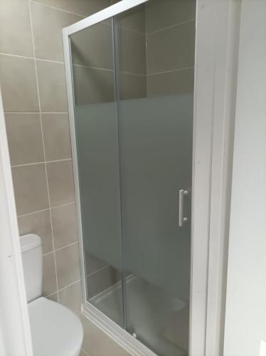 La salle de bains est pourvue d'une douche en verre et de toilettes. dans l'établissement Private Studio on Finchley Road, à Londres