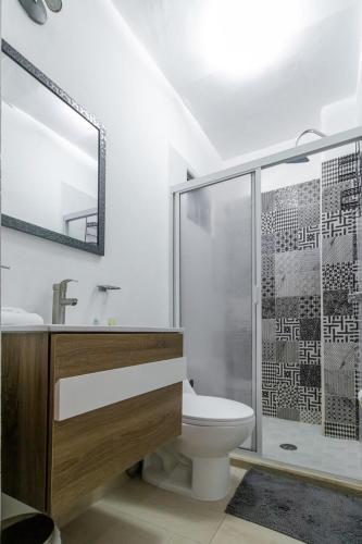 a bathroom with a shower and a toilet and a sink at Nuevos departamentos (6) centro histórico a 200 mta malecón in La Paz