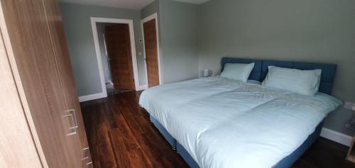 a large bed in a bedroom with a blue headboard at The Haggard Self Catering Accommodation in Castleblayney