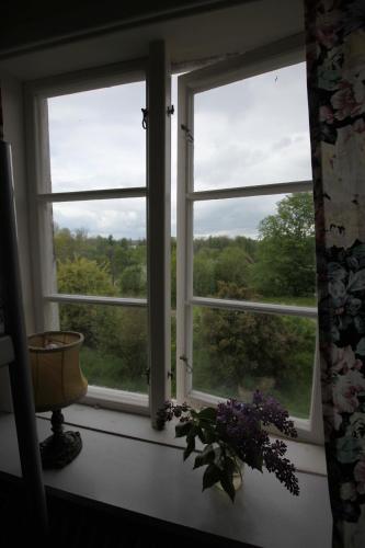 two windows in a room with flowers on a window sill at Kurrebo Vandrarhem in Urshult