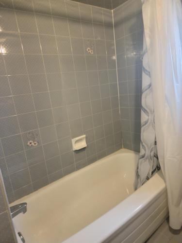 ein Badezimmer mit einer weißen Badewanne und einem Duschvorhang in der Unterkunft Comfy Private Unit in Toronto