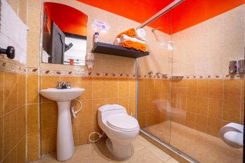 La salle de bains est pourvue de toilettes, d'un lavabo et d'une douche. dans l'établissement LA GRANJA ECOHOTEL, à La Tebaida