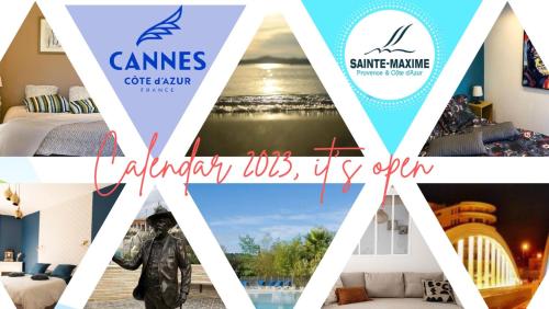 un collage d'images d'une chambre avec un lit dans l'établissement Le Cannois, à Cannes